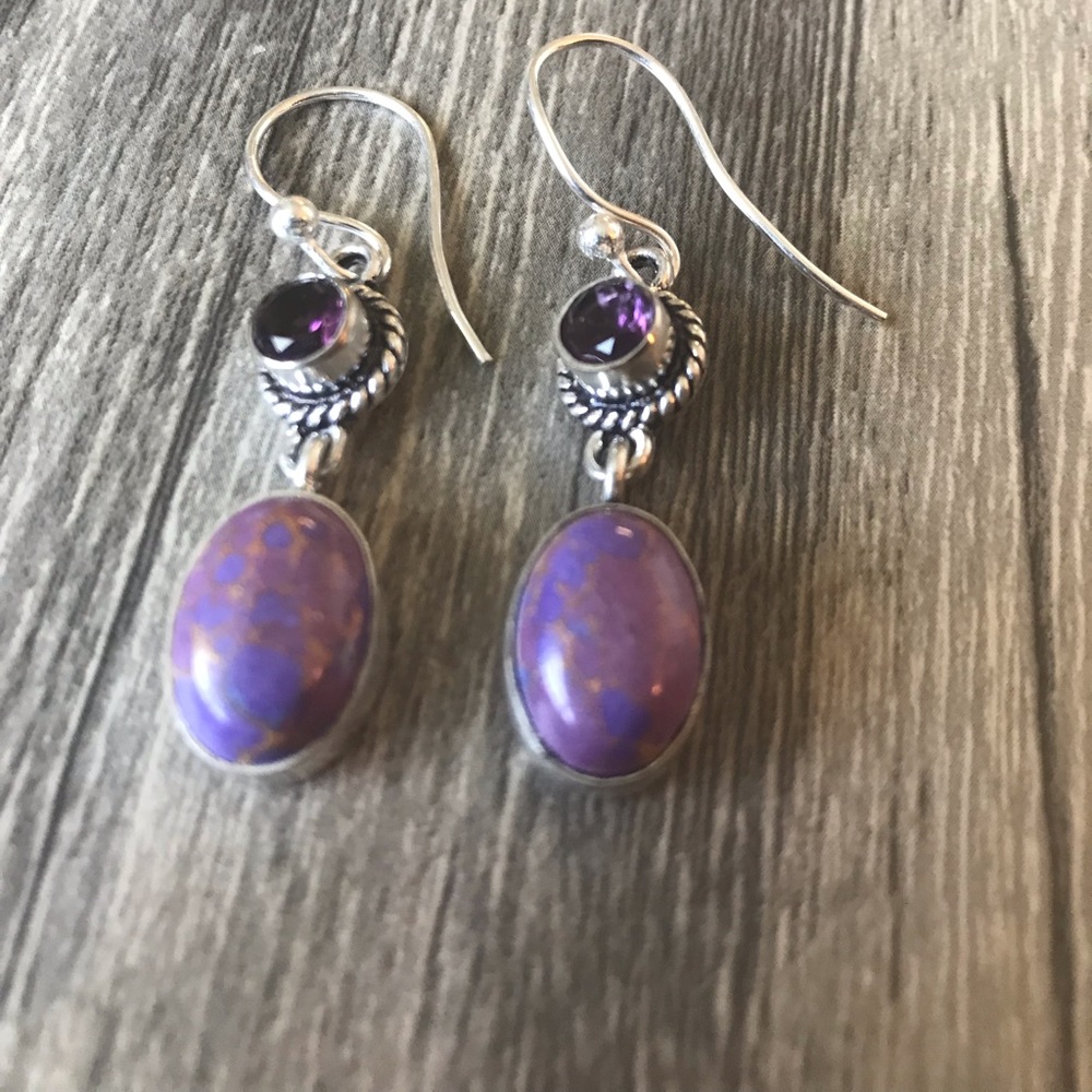 Purple Stone Drop Earrings with Amethyst Accents - Picture 5 of 5
